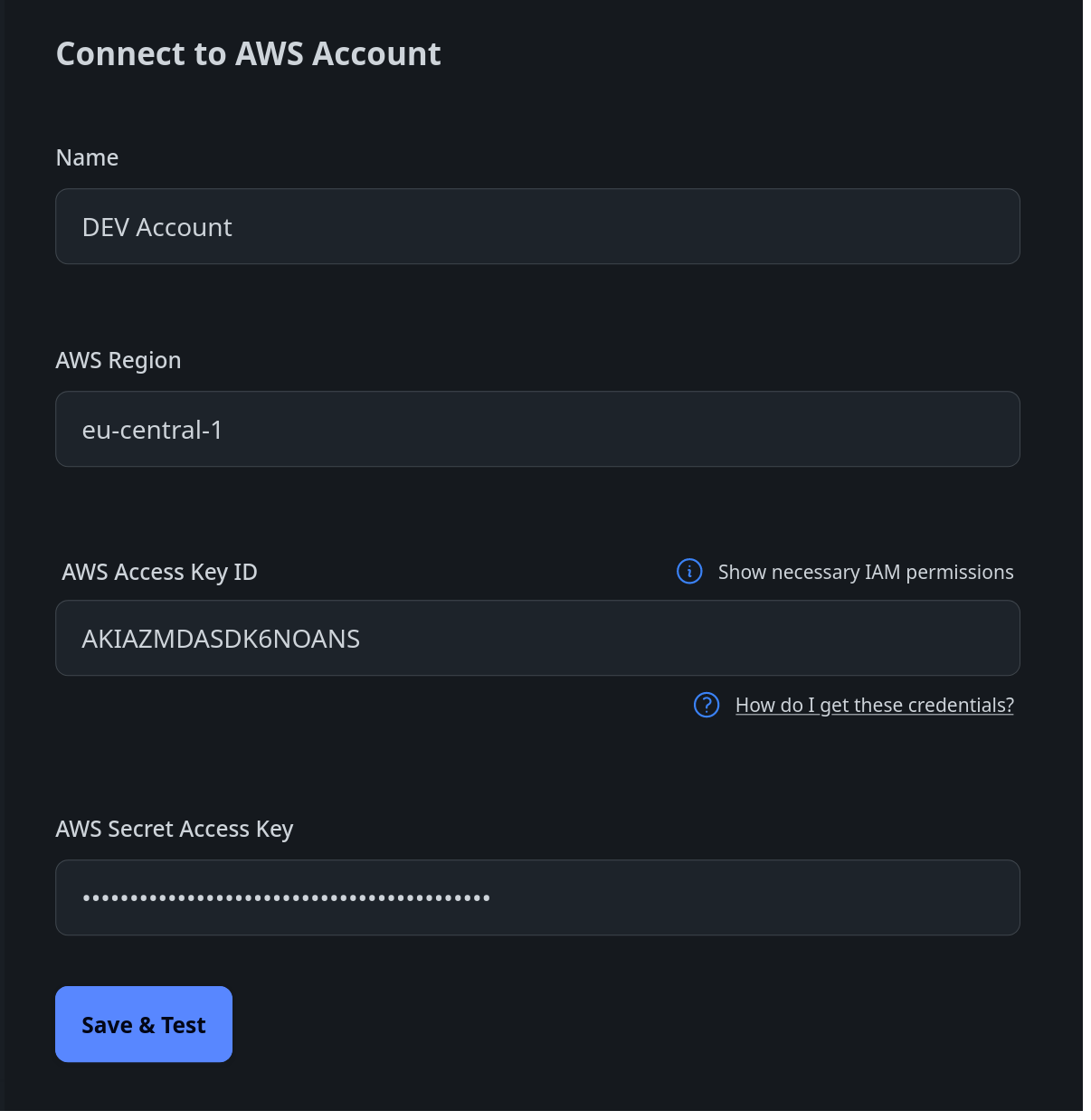 Screenshot of linking to an AWS account